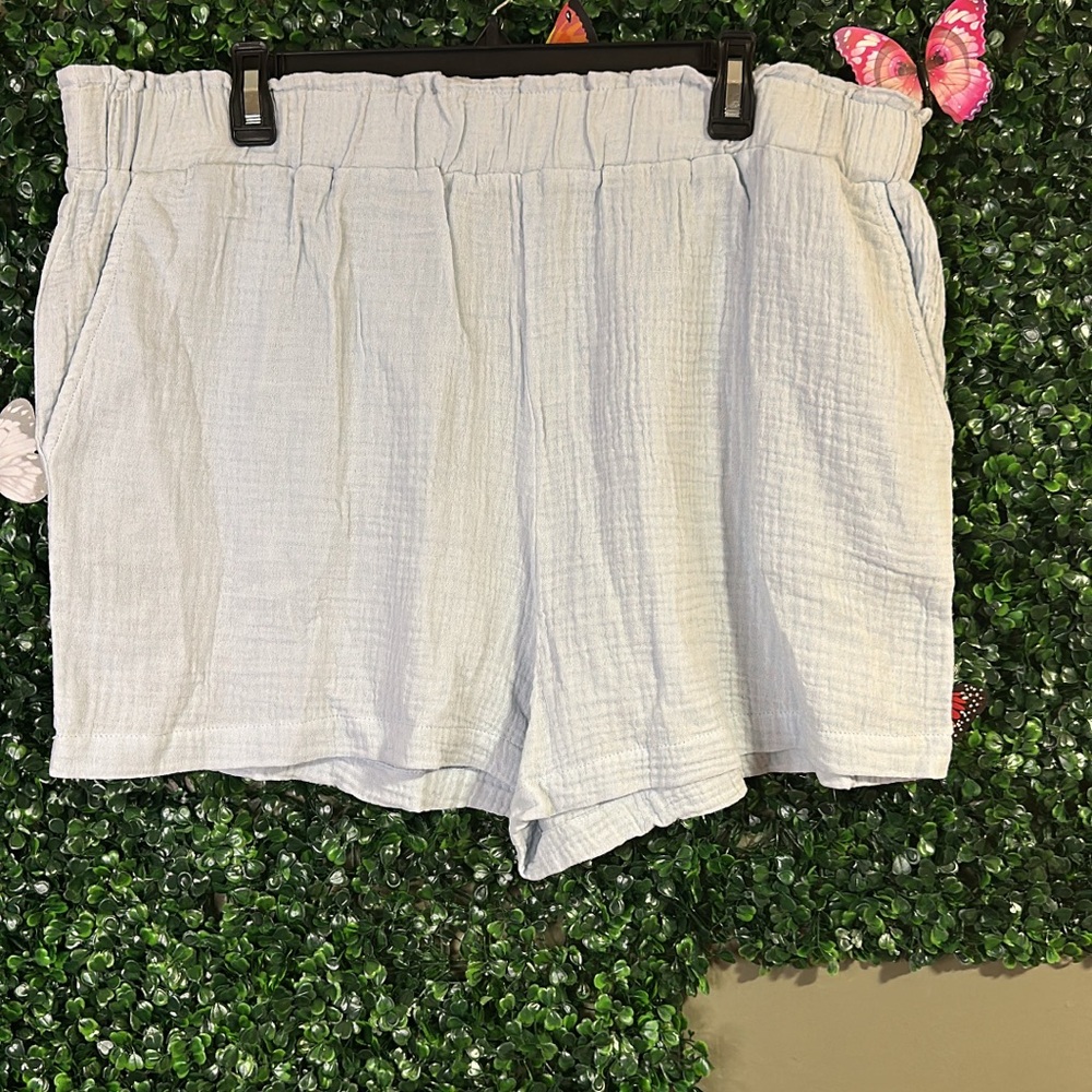 High Waist Blue Shorts with Elastic Waistband